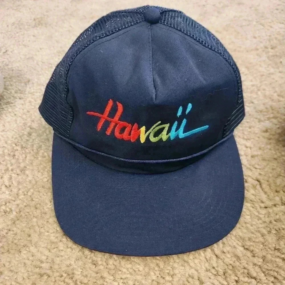Vintage Navy Blue Hawaii Hat Colorful Mesh Snap‎ Back Mens